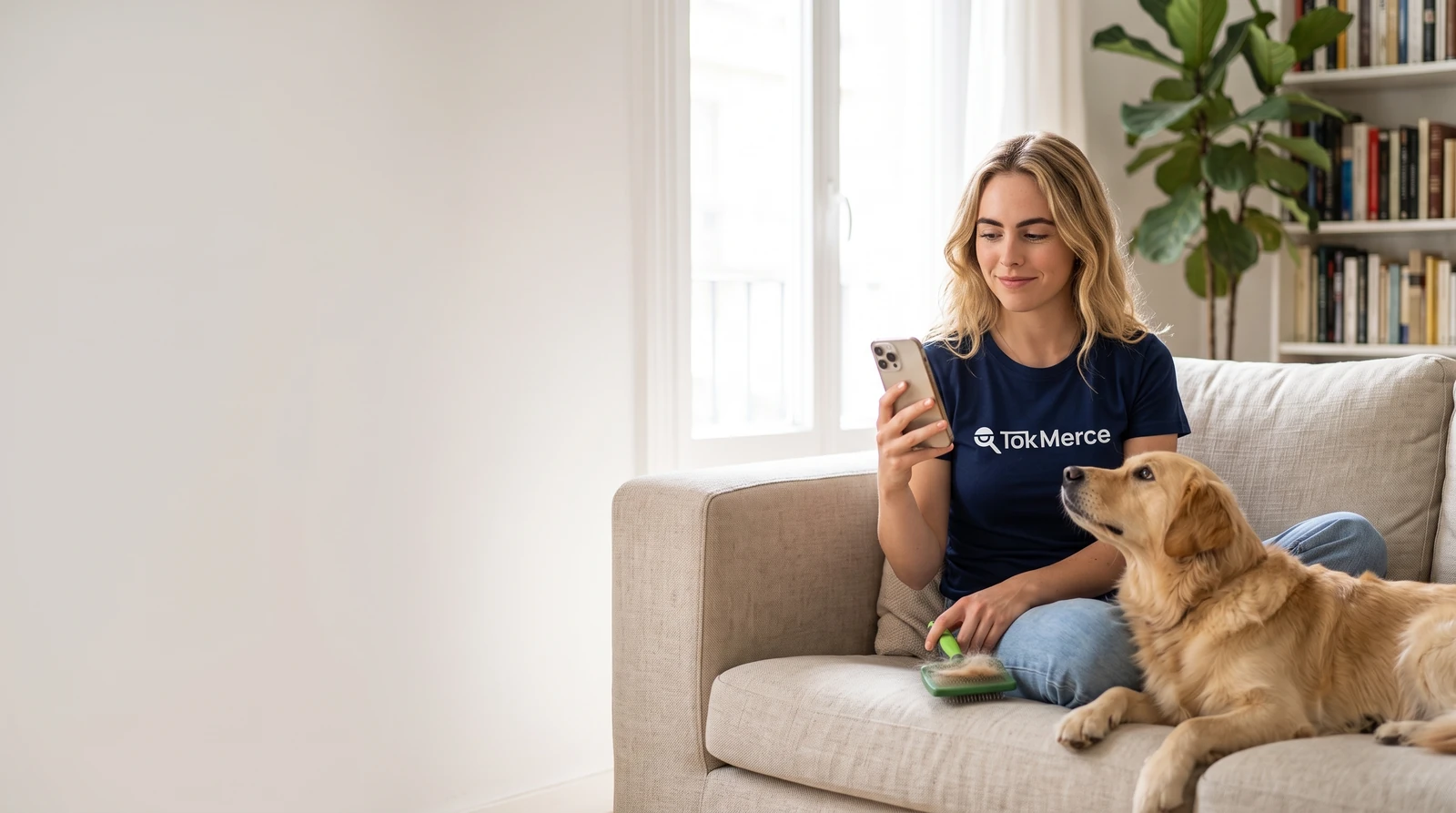 Mulher de camiseta TokMerce no sofá, olhando o celular com um golden retriever junto ao colo.