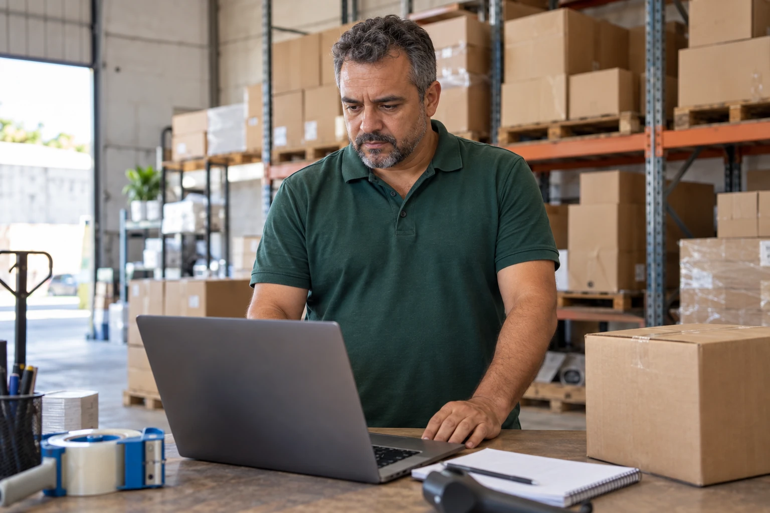 Homem conferindo números no notebook em um pequeno estoque com caixas de papelão e pallets.